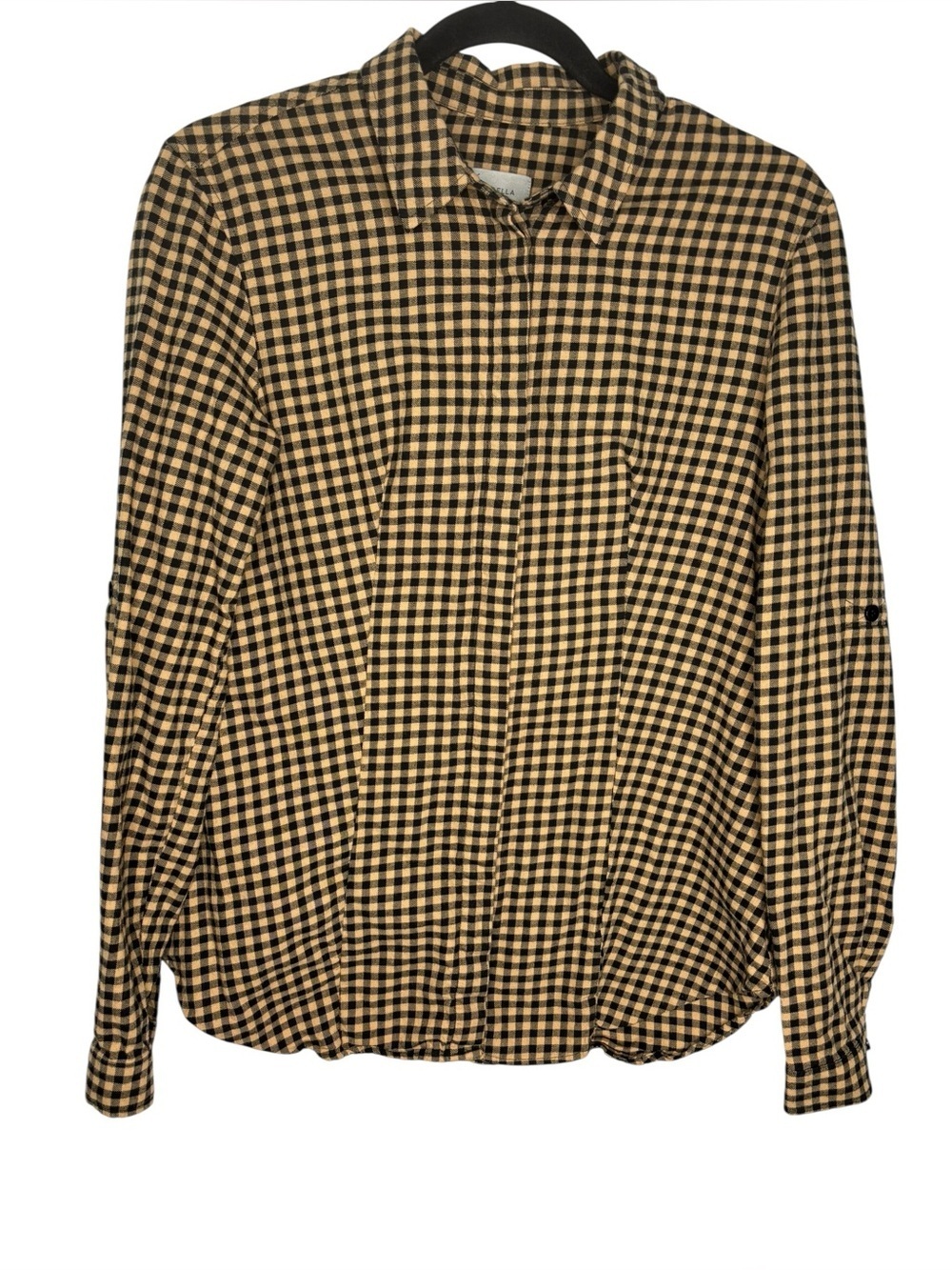 Marella Women’s Sport Plaid Fitted Cotton Button Shirt Size 44- US 8 Tan Black